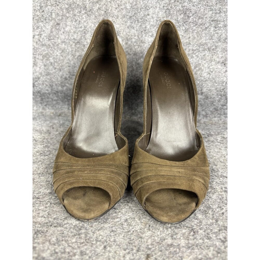 Gucci Shoes Womens Size 7‎ Brown Suede Peep Toe Stiletto Pumps Made in Italy